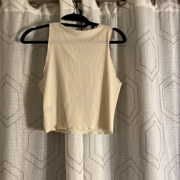 Women’s L 8-10 Beige Tank/Crop Top Shirt Tropical Ribbed Notched Neckline - Picture 5 of 5